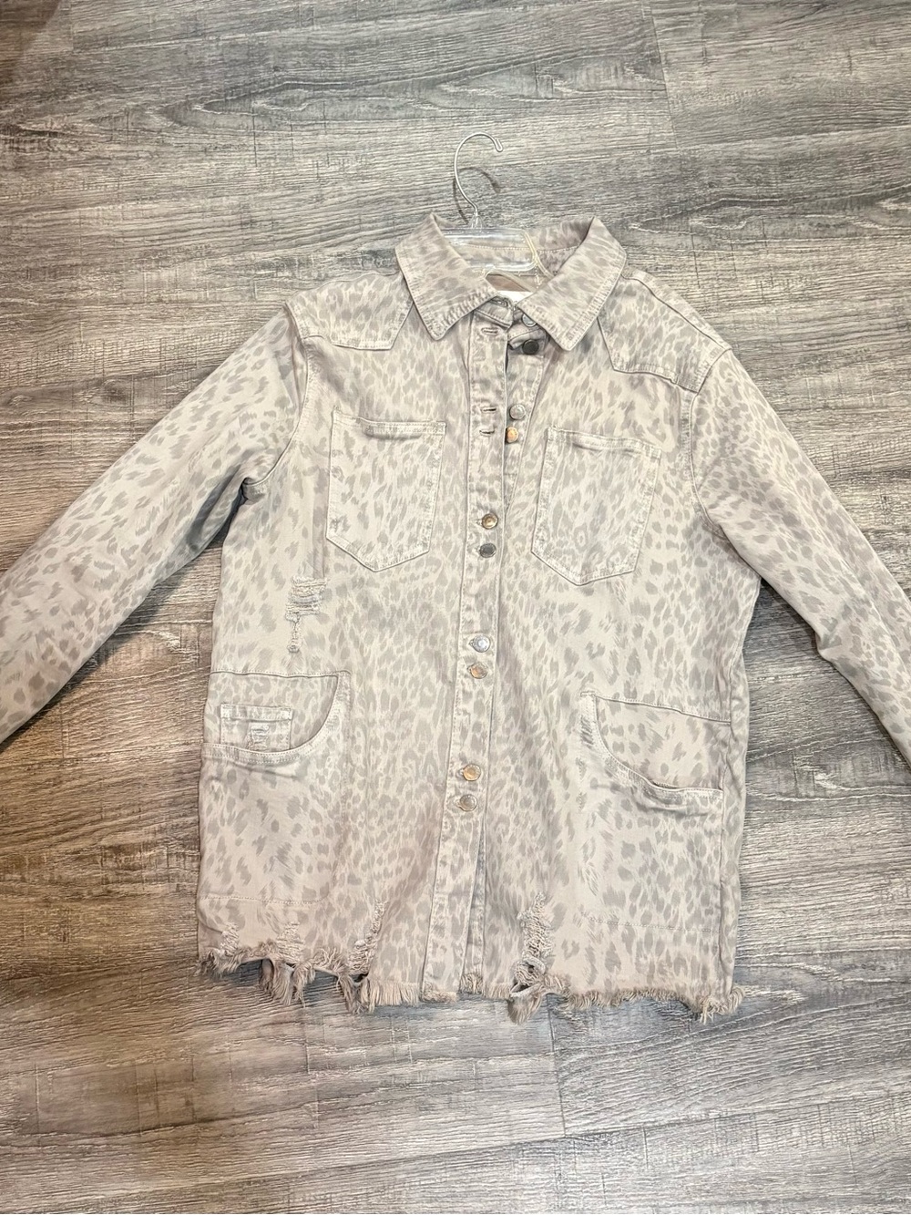 KanCan Light Gray Leopard Print Jean Jacket